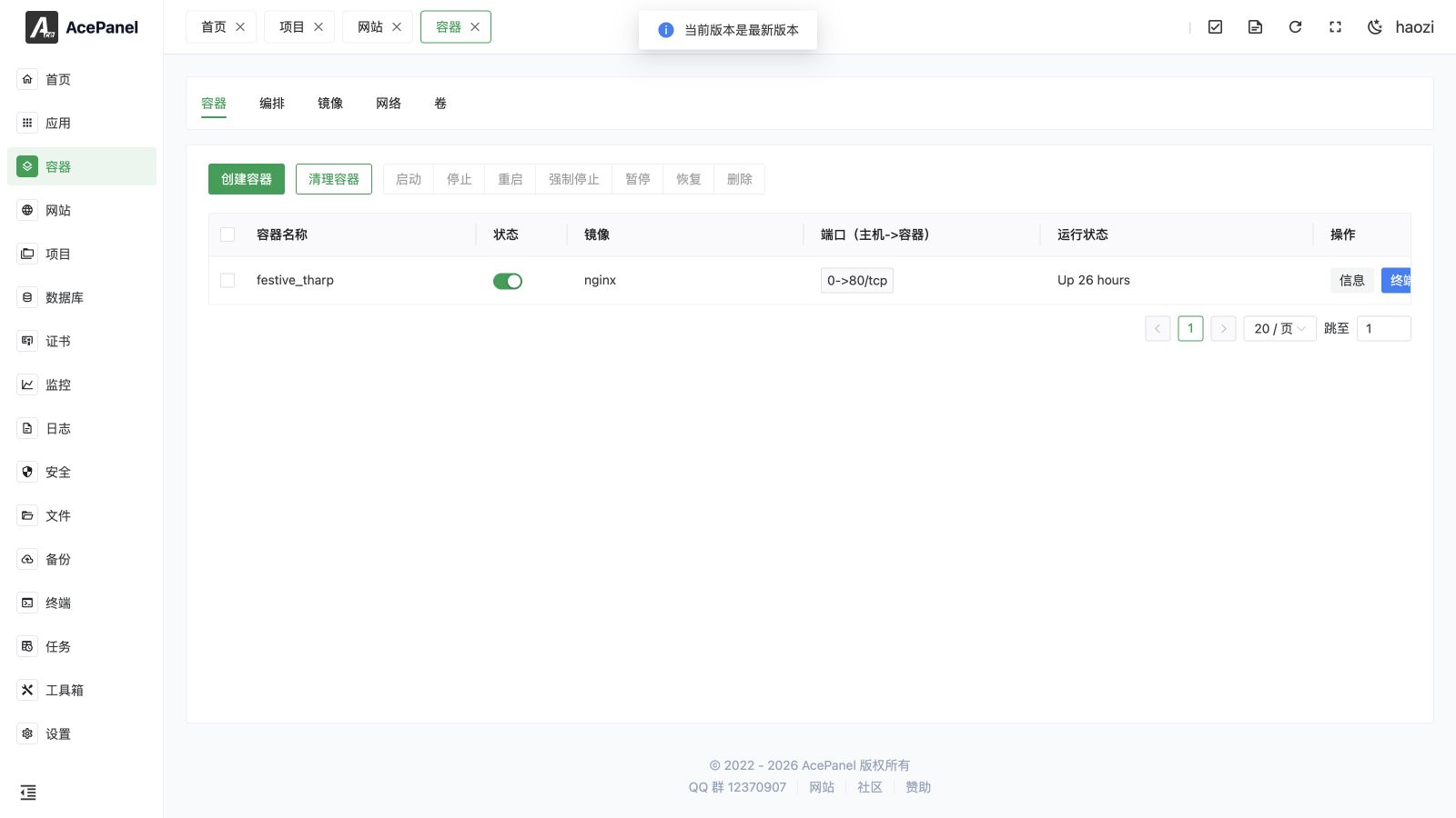 AcePanel update progress and logs